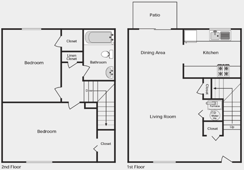 Floor plan for 2 beds, 1 bath, 953 sqft